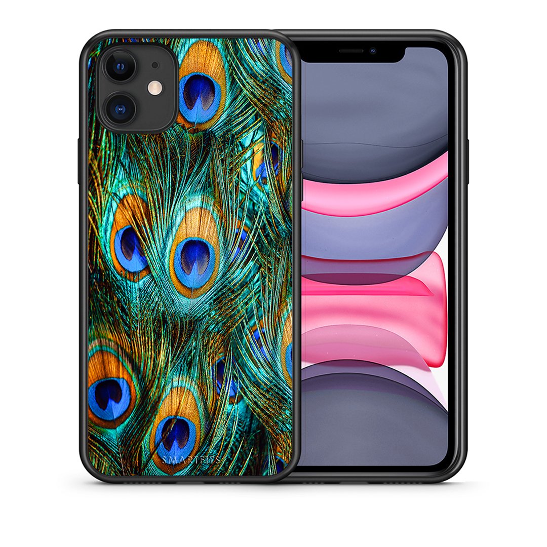 Θήκη iPhone 11 Real Peacock Feathers από τη Smartfits με σχέδιο στο πίσω μέρος και μαύρο περίβλημα | iPhone 11 Real Peacock Feathers case with colorful back and black bezels