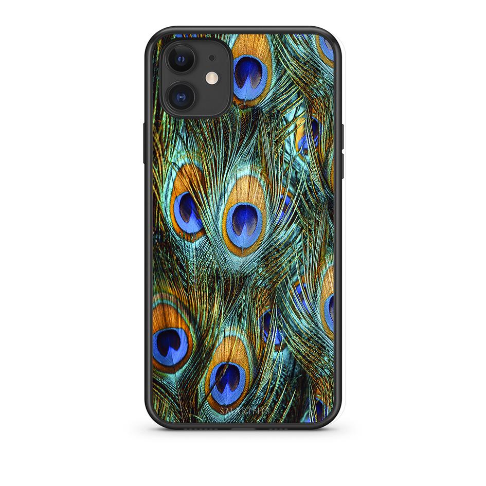iPhone 11 Real Peacock Feathers θήκη από τη Smartfits με σχέδιο στο πίσω μέρος και μαύρο περίβλημα | Smartphone case with colorful back and black bezels by Smartfits