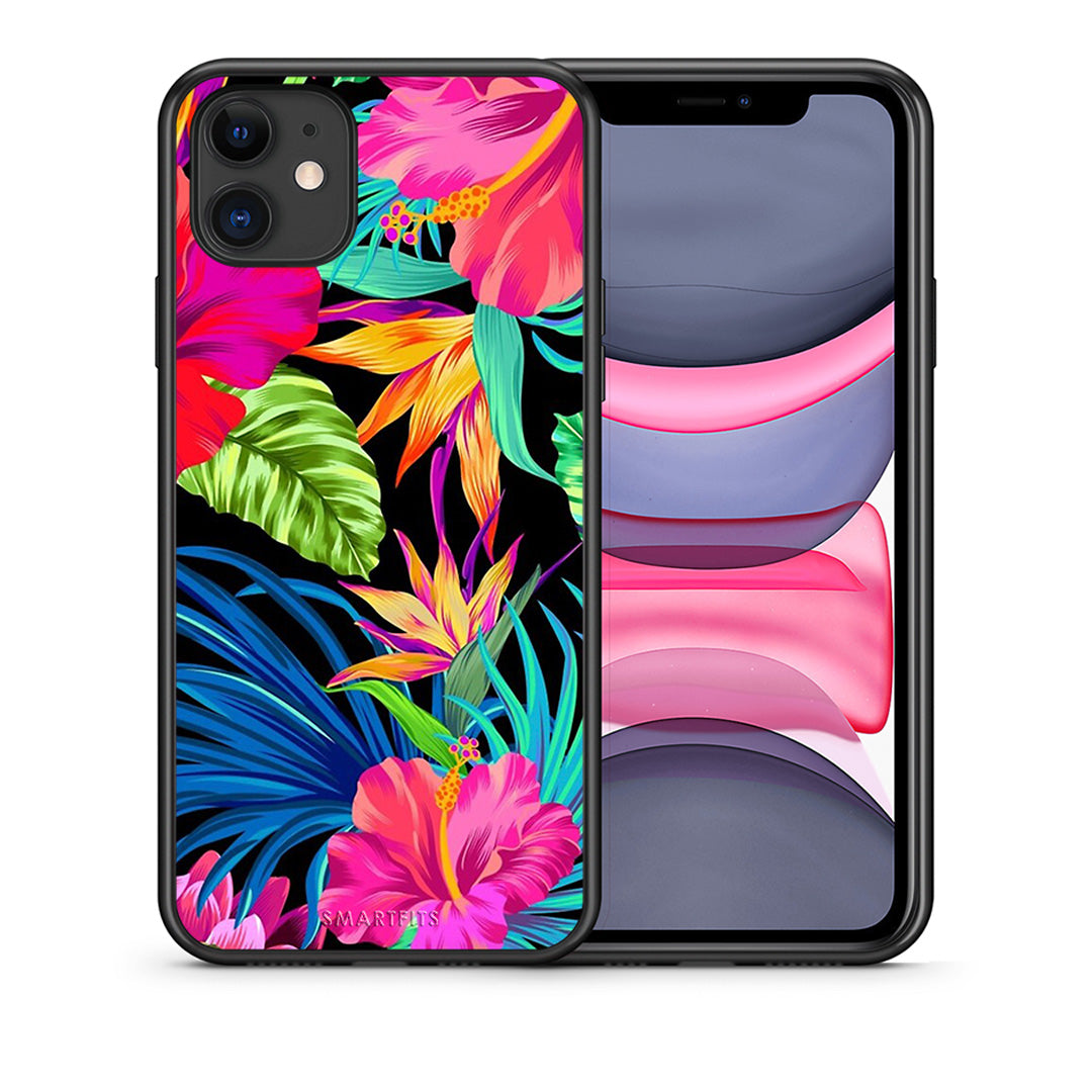 Θήκη iPhone 11 Tropical Flowers από τη Smartfits με σχέδιο στο πίσω μέρος και μαύρο περίβλημα | iPhone 11 Tropical Flowers case with colorful back and black bezels