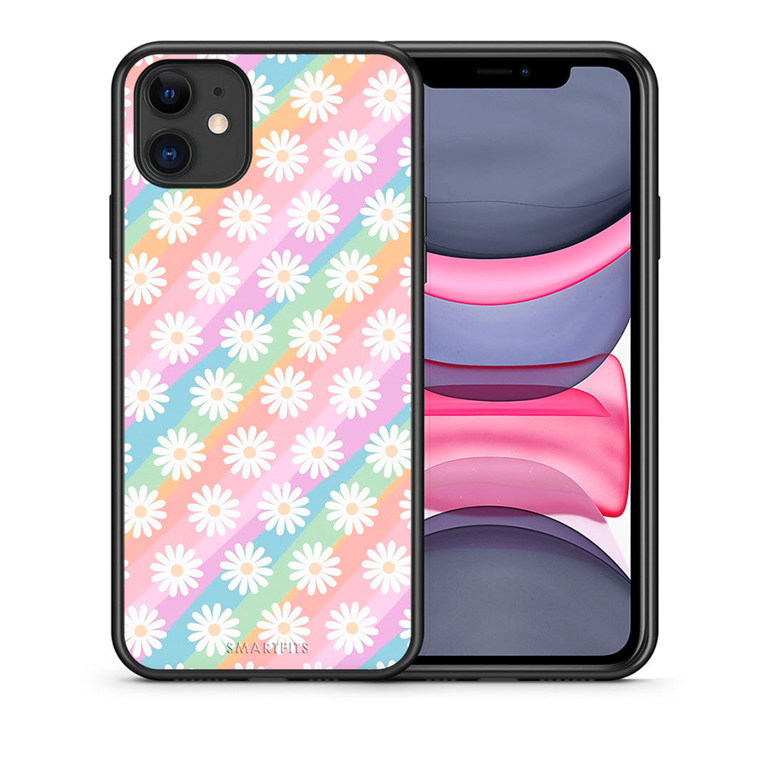 Θήκη iPhone 11 White Daisies από τη Smartfits με σχέδιο στο πίσω μέρος και μαύρο περίβλημα | iPhone 11 White Daisies case with colorful back and black bezels