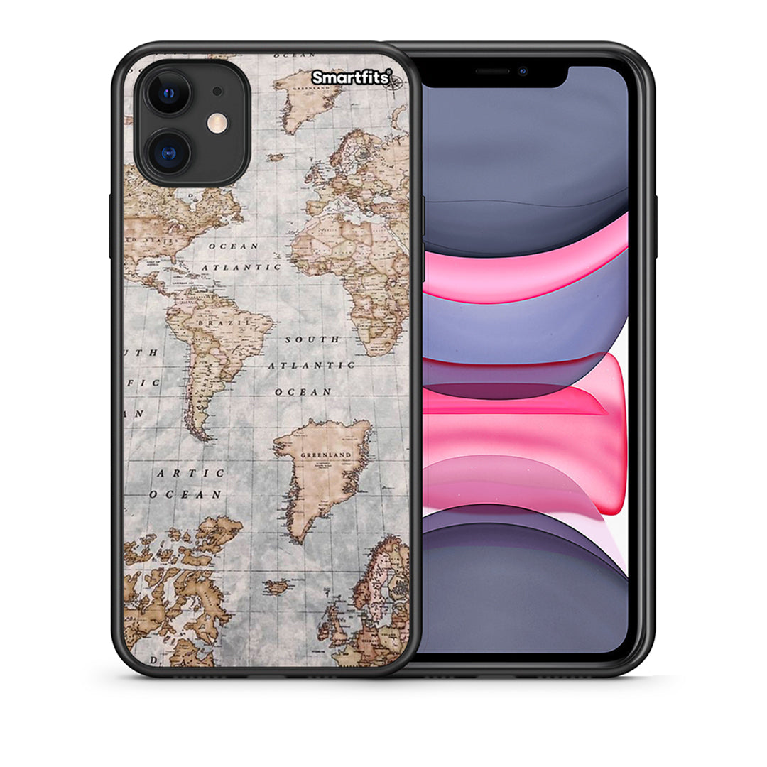 Θήκη iPhone 11 World Map από τη Smartfits με σχέδιο στο πίσω μέρος και μαύρο περίβλημα | iPhone 11 World Map case with colorful back and black bezels