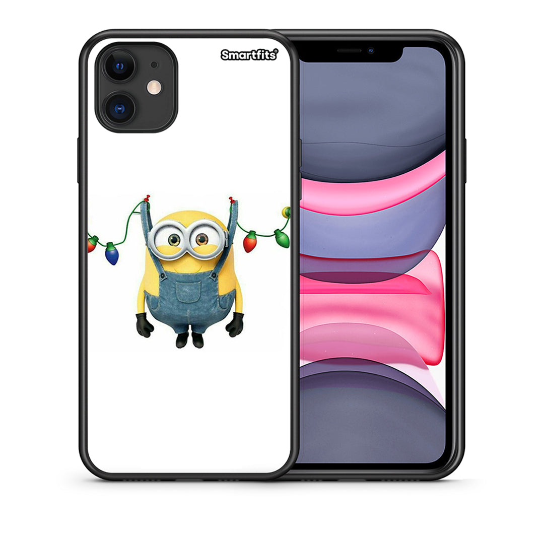 Θήκη iPhone 11 Xmas Minion Lights από τη Smartfits με σχέδιο στο πίσω μέρος και μαύρο περίβλημα | iPhone 11 Xmas Minion Lights case with colorful back and black bezels