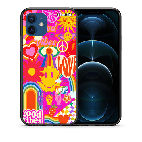 Θήκη iPhone 12 Pro Hippie Love από τη Smartfits με σχέδιο στο πίσω μέρος και μαύρο περίβλημα | iPhone 12 Pro Hippie Love case with colorful back and black bezels