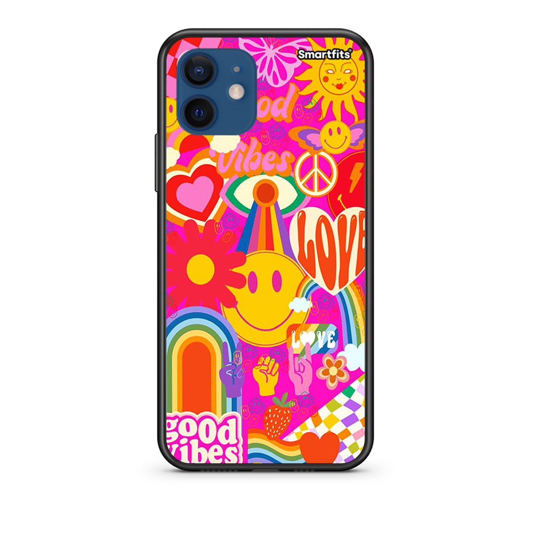 Θήκη iPhone 12 Hippie Love από τη Smartfits με σχέδιο στο πίσω μέρος και μαύρο περίβλημα | iPhone 12 Hippie Love case with colorful back and black bezels