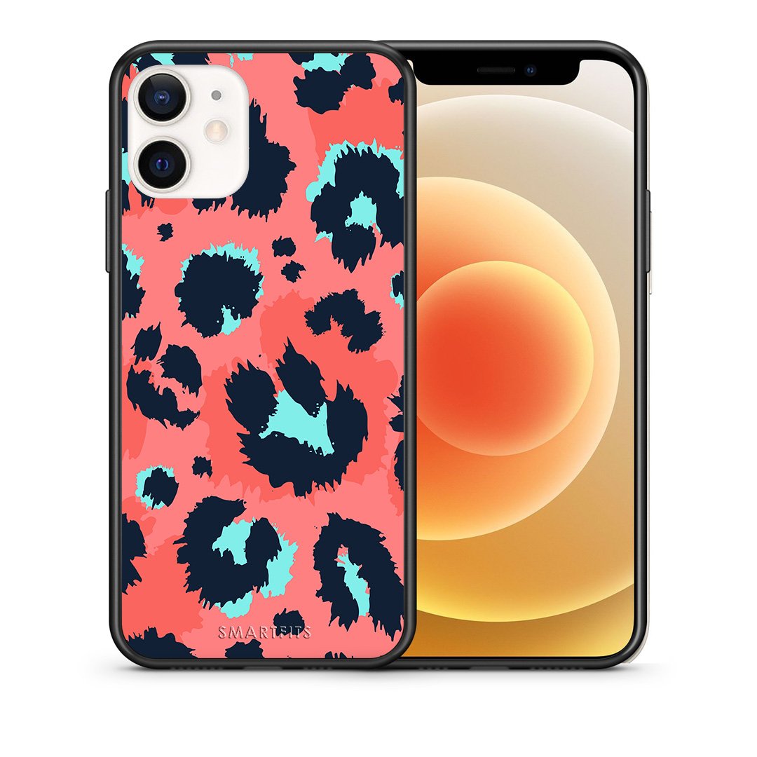Θήκη iPhone 12 Mini Pink Leopard Animal από τη Smartfits με σχέδιο στο πίσω μέρος και μαύρο περίβλημα | iPhone 12 Mini Pink Leopard Animal case with colorful back and black bezels