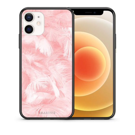 Θήκη iPhone 12 Mini Pink Feather Boho από τη Smartfits με σχέδιο στο πίσω μέρος και μαύρο περίβλημα | iPhone 12 Mini Pink Feather Boho case with colorful back and black bezels