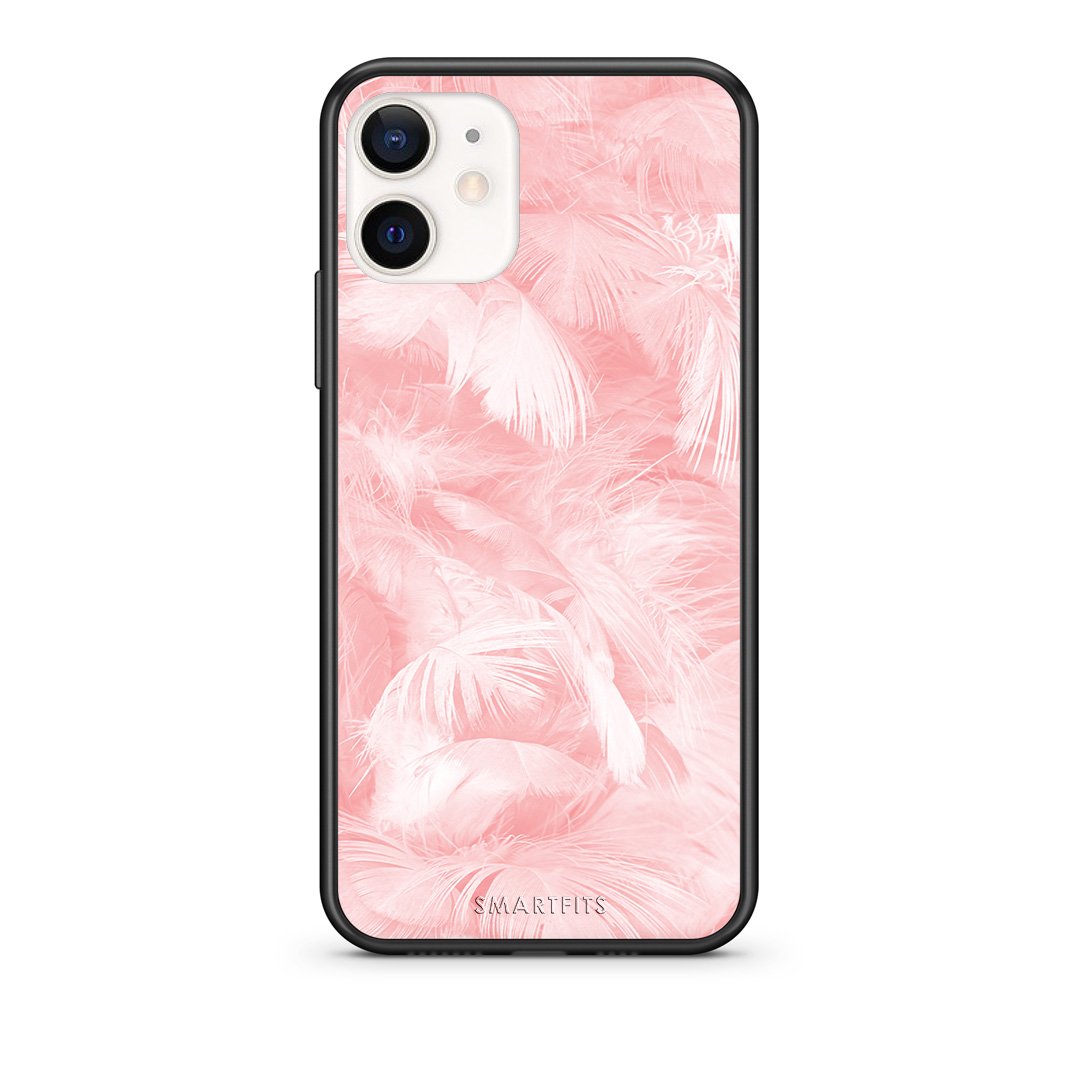 Θήκη iPhone 12 Mini Pink Feather Boho από τη Smartfits με σχέδιο στο πίσω μέρος και μαύρο περίβλημα | iPhone 12 Mini Pink Feather Boho case with colorful back and black bezels