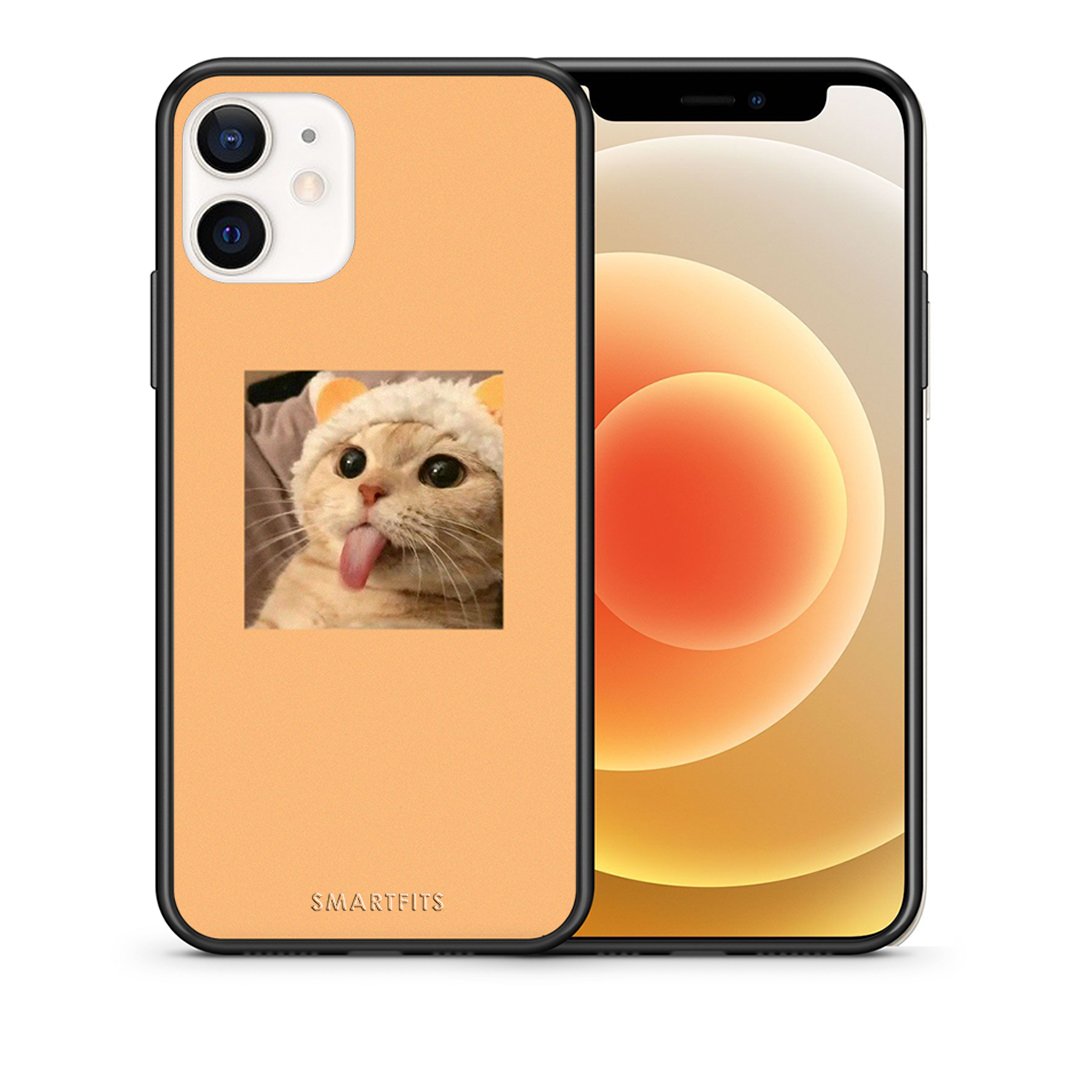 Θήκη iPhone 12 Mini Cat Tongue από τη Smartfits με σχέδιο στο πίσω μέρος και μαύρο περίβλημα | iPhone 12 Mini Cat Tongue case with colorful back and black bezels