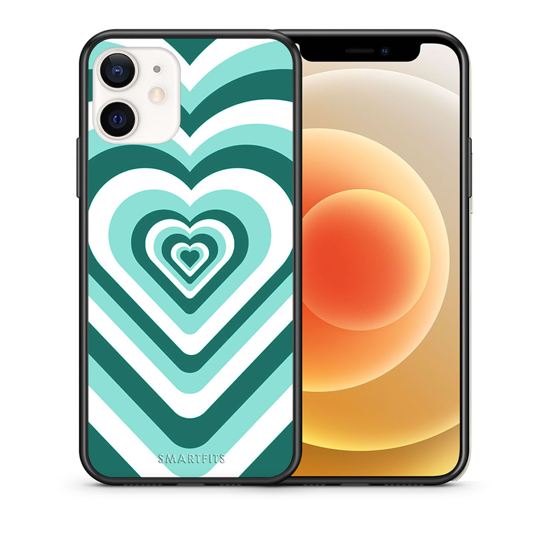 Θήκη iPhone 12 Mini Green Hearts από τη Smartfits με σχέδιο στο πίσω μέρος και μαύρο περίβλημα | iPhone 12 Mini Green Hearts case with colorful back and black bezels