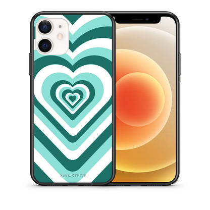 Θήκη iPhone 12 Mini Green Hearts από τη Smartfits με σχέδιο στο πίσω μέρος και μαύρο περίβλημα | iPhone 12 Mini Green Hearts case with colorful back and black bezels