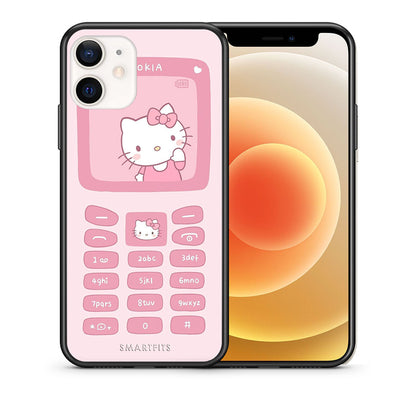Θήκη Αγίου Βαλεντίνου iPhone 12 Mini Hello Kitten από τη Smartfits με σχέδιο στο πίσω μέρος και μαύρο περίβλημα | iPhone 12 Mini Hello Kitten case with colorful back and black bezels