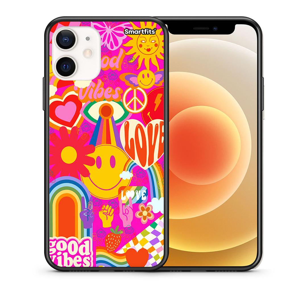 Θήκη iPhone 12 Mini Hippie Love από τη Smartfits με σχέδιο στο πίσω μέρος και μαύρο περίβλημα | iPhone 12 Mini Hippie Love case with colorful back and black bezels