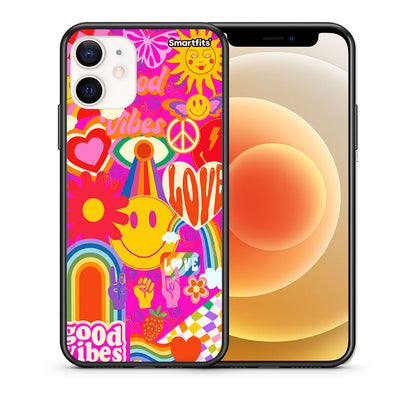 Θήκη iPhone 12 Mini Hippie Love από τη Smartfits με σχέδιο στο πίσω μέρος και μαύρο περίβλημα | iPhone 12 Mini Hippie Love case with colorful back and black bezels