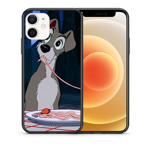 Θήκη Αγίου Βαλεντίνου iPhone 12 Mini Lady And Tramp 1 από τη Smartfits με σχέδιο στο πίσω μέρος και μαύρο περίβλημα | iPhone 12 Mini Lady And Tramp 1 case with colorful back and black bezels