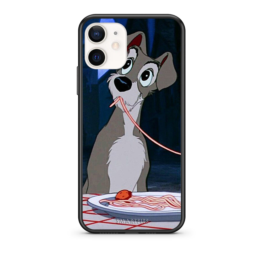 Θήκη Αγίου Βαλεντίνου iPhone 12 Mini Lady And Tramp 1 από τη Smartfits με σχέδιο στο πίσω μέρος και μαύρο περίβλημα | iPhone 12 Mini Lady And Tramp 1 case with colorful back and black bezels