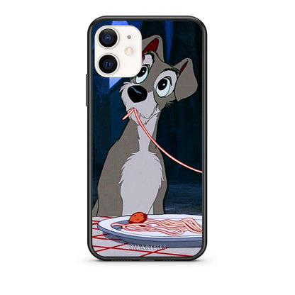Θήκη Αγίου Βαλεντίνου iPhone 12 Mini Lady And Tramp 1 από τη Smartfits με σχέδιο στο πίσω μέρος και μαύρο περίβλημα | iPhone 12 Mini Lady And Tramp 1 case with colorful back and black bezels