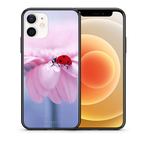 Θήκη iPhone 12 Mini Ladybug Flower από τη Smartfits με σχέδιο στο πίσω μέρος και μαύρο περίβλημα | iPhone 12 Mini Ladybug Flower case with colorful back and black bezels