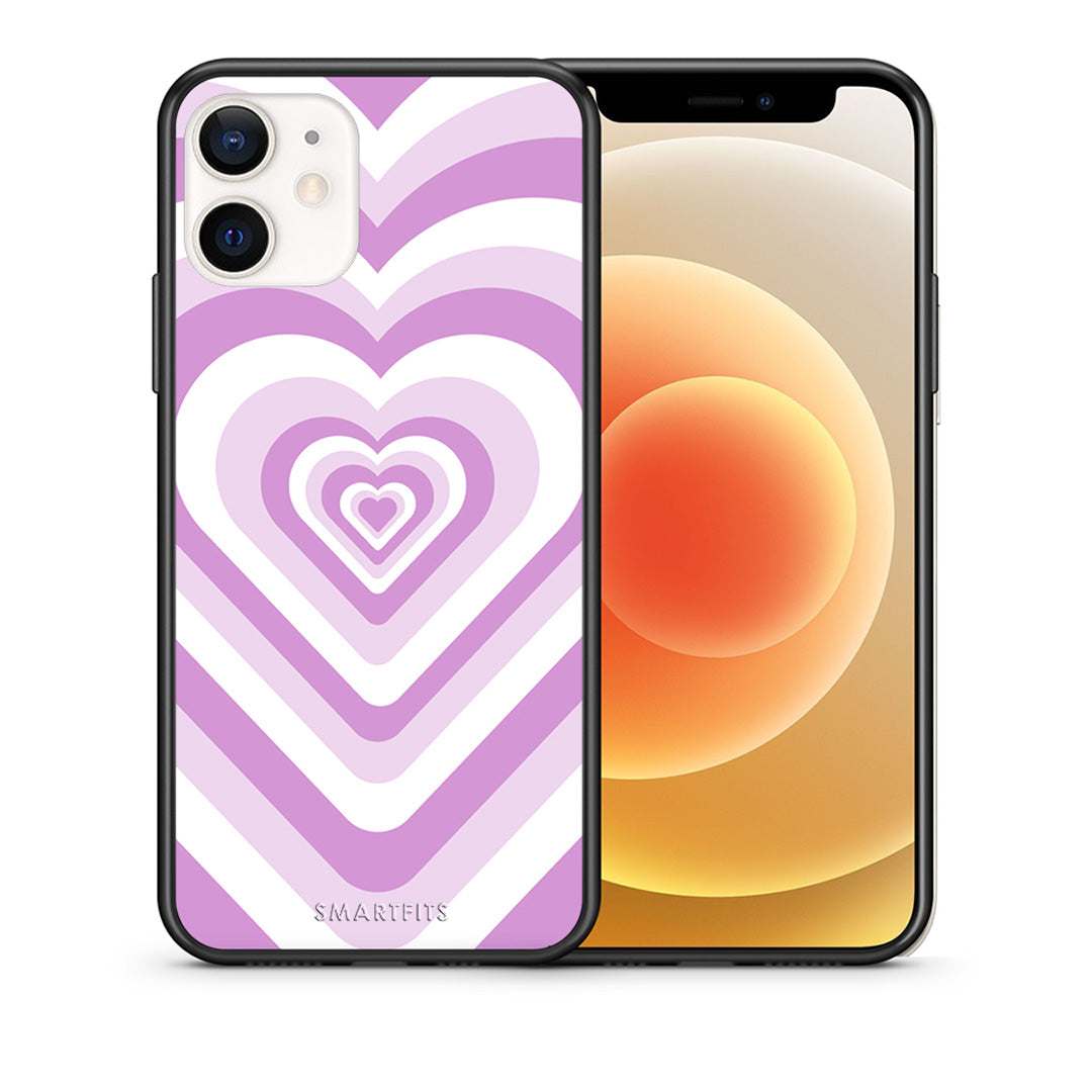 Θήκη iPhone 12 Mini Lilac Hearts από τη Smartfits με σχέδιο στο πίσω μέρος και μαύρο περίβλημα | iPhone 12 Mini Lilac Hearts case with colorful back and black bezels