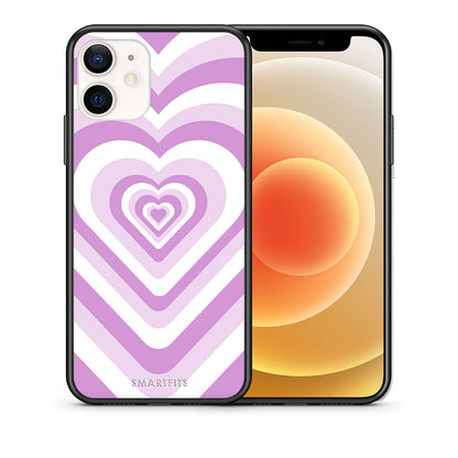 Θήκη iPhone 12 Mini Lilac Hearts από τη Smartfits με σχέδιο στο πίσω μέρος και μαύρο περίβλημα | iPhone 12 Mini Lilac Hearts case with colorful back and black bezels