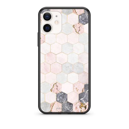 Θήκη iPhone 12 Mini Hexagon Pink Marble από τη Smartfits με σχέδιο στο πίσω μέρος και μαύρο περίβλημα | iPhone 12 Mini Hexagon Pink Marble case with colorful back and black bezels