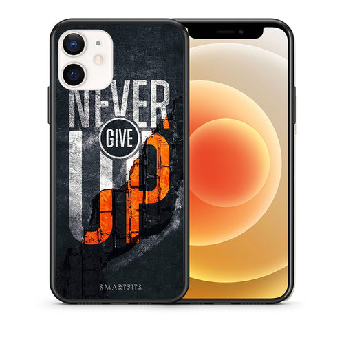 Θήκη Αγίου Βαλεντίνου iPhone 12 Mini Never Give Up από τη Smartfits με σχέδιο στο πίσω μέρος και μαύρο περίβλημα | iPhone 12 Mini Never Give Up case with colorful back and black bezels