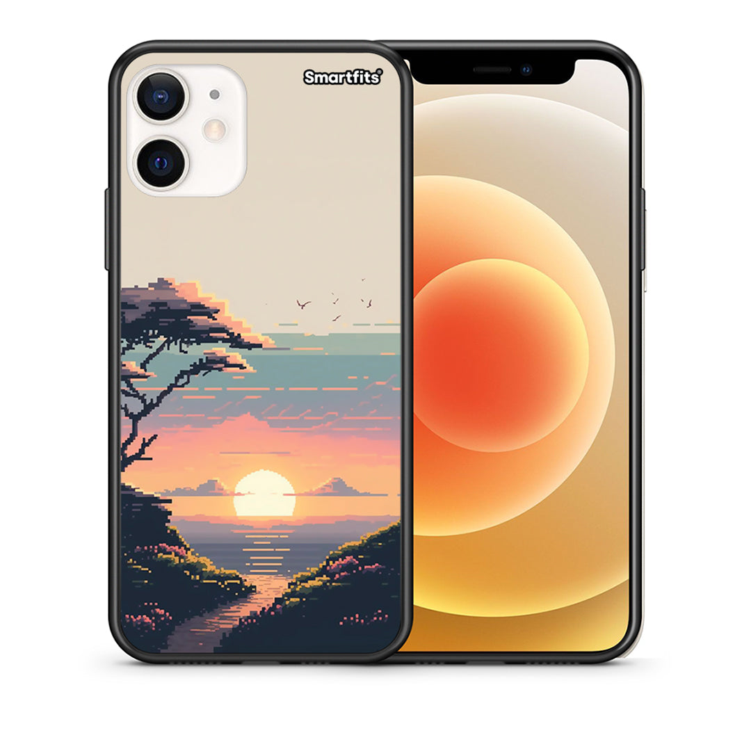 Θήκη iPhone 12 Mini Pixel Sunset από τη Smartfits με σχέδιο στο πίσω μέρος και μαύρο περίβλημα | iPhone 12 Mini Pixel Sunset case with colorful back and black bezels