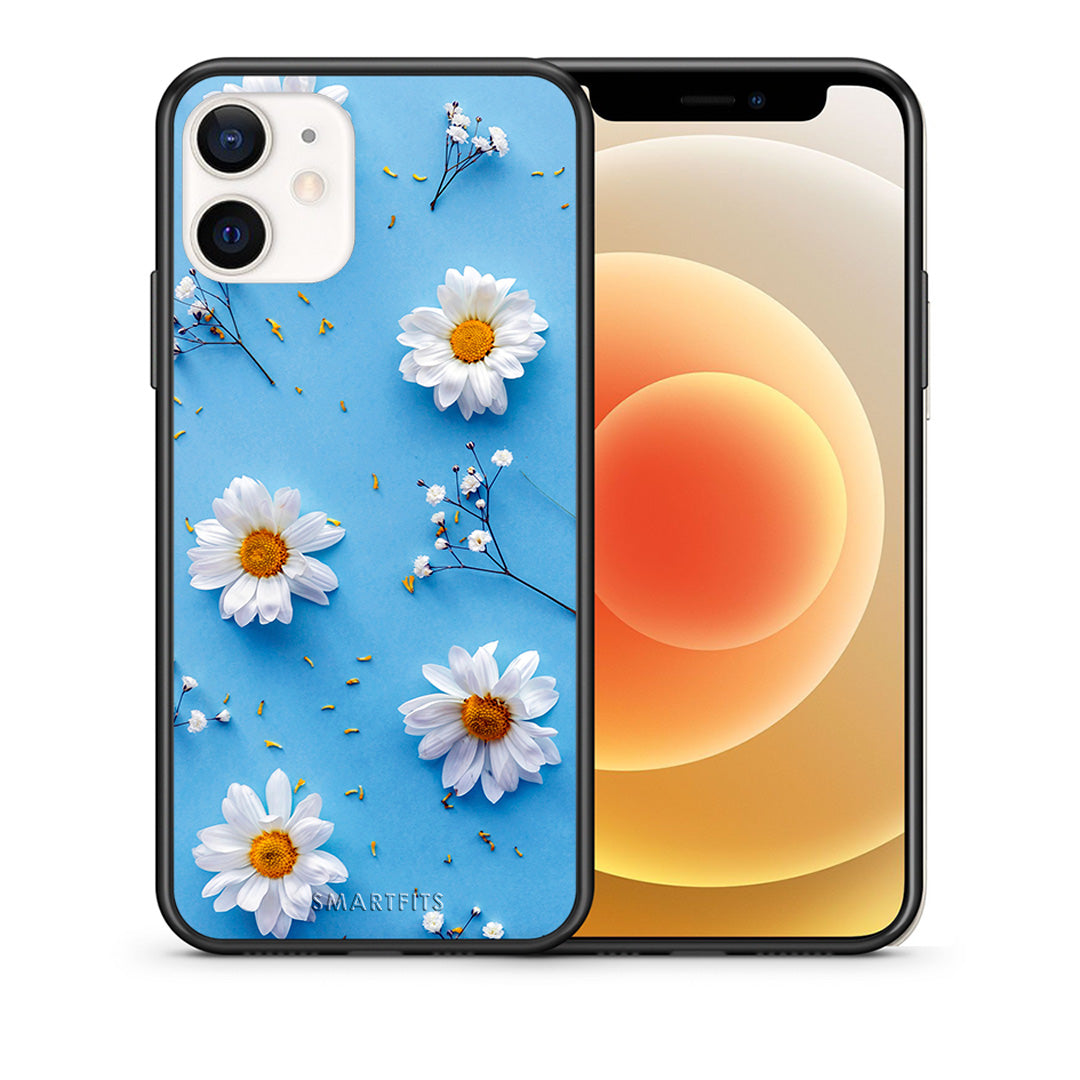 Θήκη iPhone 12 Mini Real Daisies από τη Smartfits με σχέδιο στο πίσω μέρος και μαύρο περίβλημα | iPhone 12 Mini Real Daisies case with colorful back and black bezels