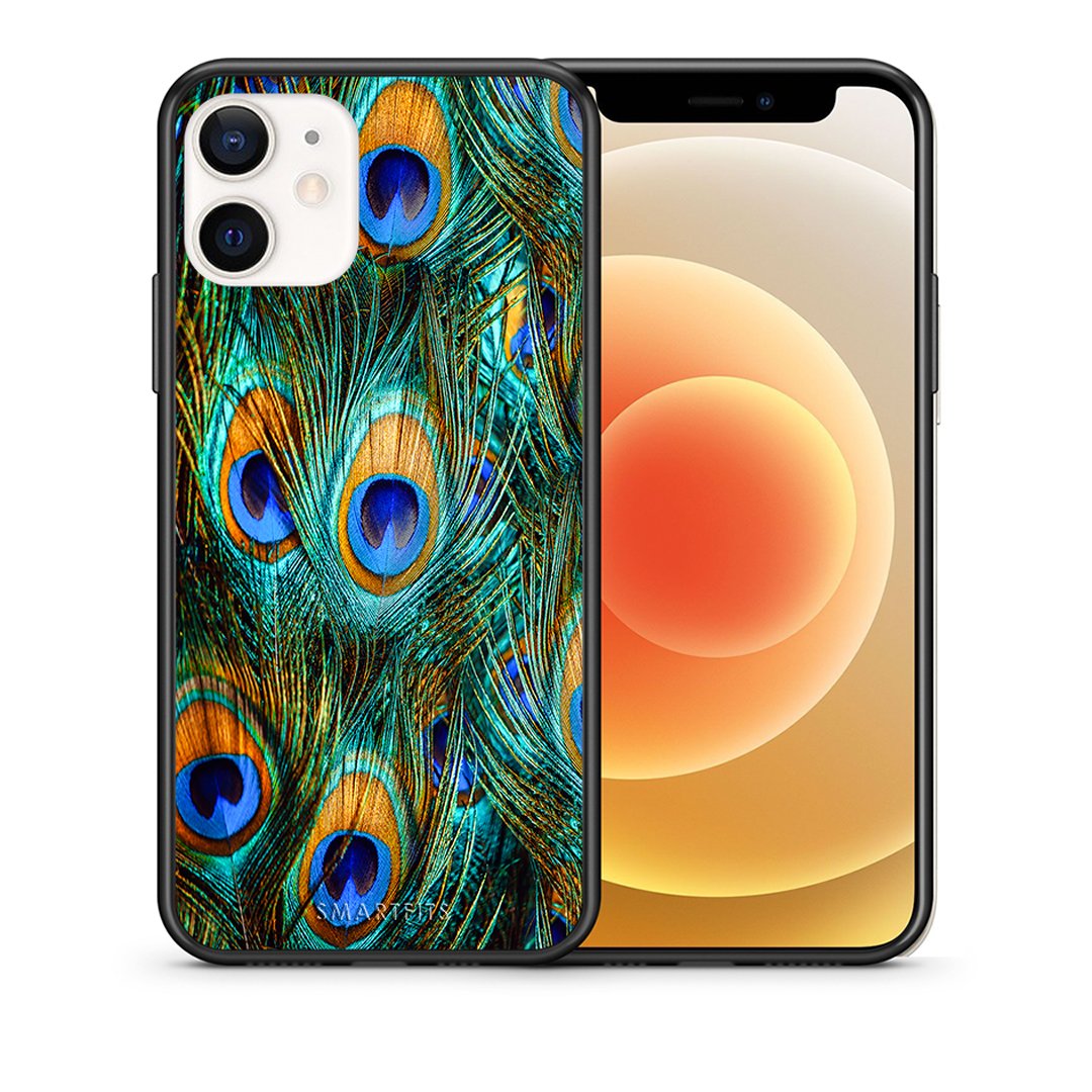 Θήκη iPhone 12 Mini Real Peacock Feathers από τη Smartfits με σχέδιο στο πίσω μέρος και μαύρο περίβλημα | iPhone 12 Mini Real Peacock Feathers case with colorful back and black bezels