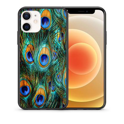 Θήκη iPhone 12 Mini Real Peacock Feathers από τη Smartfits με σχέδιο στο πίσω μέρος και μαύρο περίβλημα | iPhone 12 Mini Real Peacock Feathers case with colorful back and black bezels