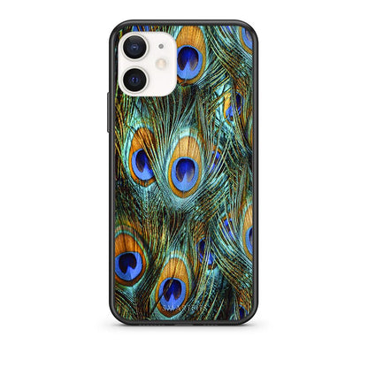 Θήκη iPhone 12 Mini Real Peacock Feathers από τη Smartfits με σχέδιο στο πίσω μέρος και μαύρο περίβλημα | iPhone 12 Mini Real Peacock Feathers case with colorful back and black bezels