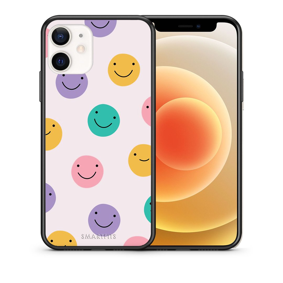 Θήκη iPhone 12 Mini Smiley Faces από τη Smartfits με σχέδιο στο πίσω μέρος και μαύρο περίβλημα | iPhone 12 Mini Smiley Faces case with colorful back and black bezels