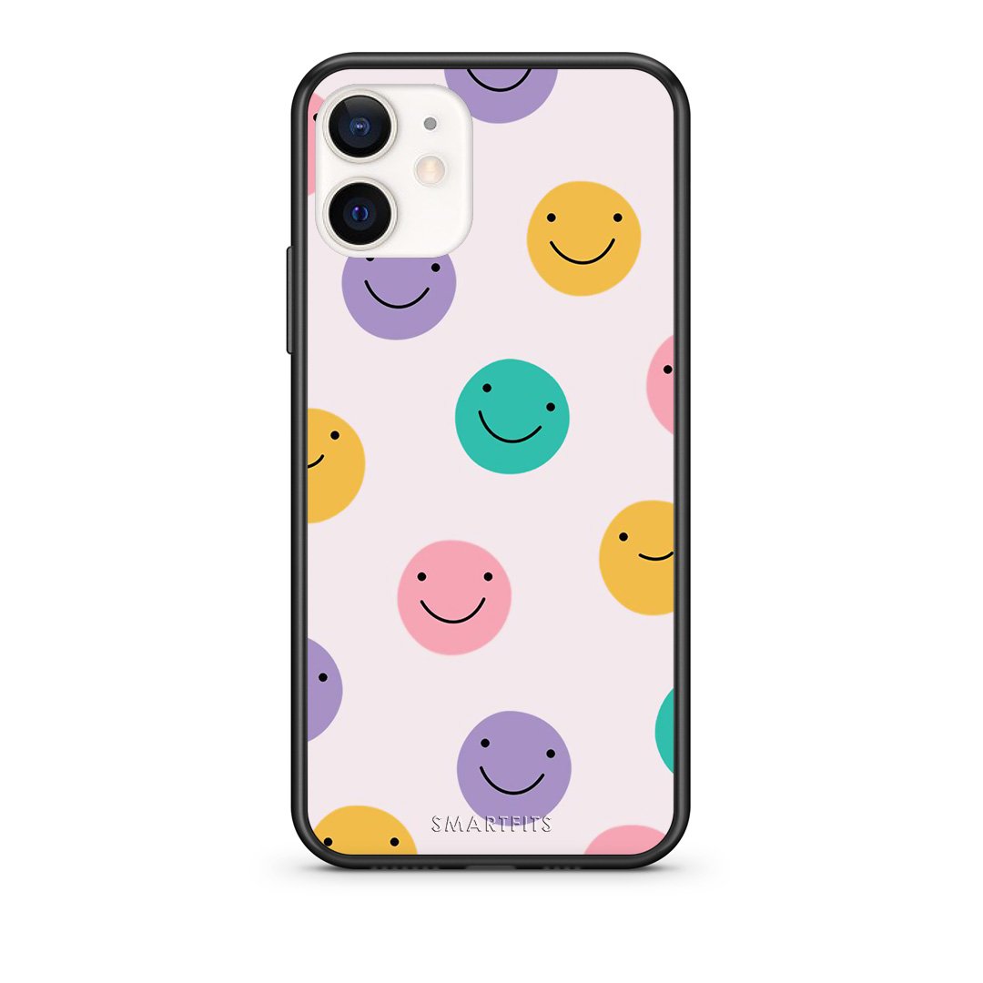 Θήκη iPhone 12 Mini Smiley Faces από τη Smartfits με σχέδιο στο πίσω μέρος και μαύρο περίβλημα | iPhone 12 Mini Smiley Faces case with colorful back and black bezels