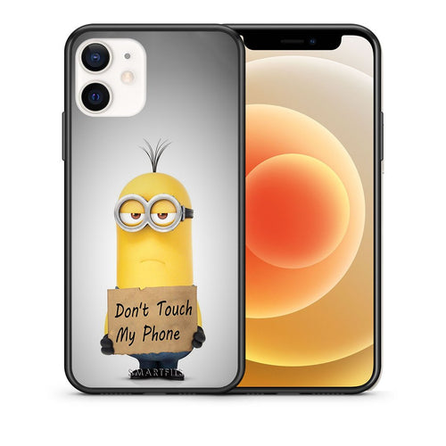 Θήκη iPhone 12 Mini Minion Text από τη Smartfits με σχέδιο στο πίσω μέρος και μαύρο περίβλημα | iPhone 12 Mini Minion Text case with colorful back and black bezels