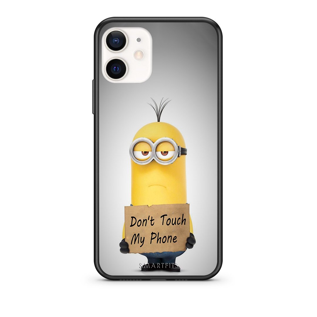 Θήκη iPhone 12 Mini Minion Text από τη Smartfits με σχέδιο στο πίσω μέρος και μαύρο περίβλημα | iPhone 12 Mini Minion Text case with colorful back and black bezels