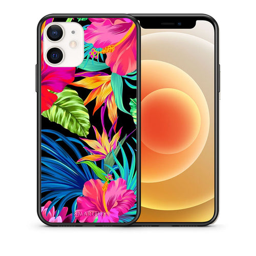 Θήκη iPhone 12 Mini Tropical Flowers από τη Smartfits με σχέδιο στο πίσω μέρος και μαύρο περίβλημα | iPhone 12 Mini Tropical Flowers case with colorful back and black bezels