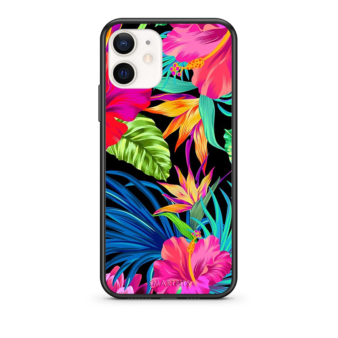 Θήκη iPhone 12 Mini Tropical Flowers από τη Smartfits με σχέδιο στο πίσω μέρος και μαύρο περίβλημα | iPhone 12 Mini Tropical Flowers case with colorful back and black bezels