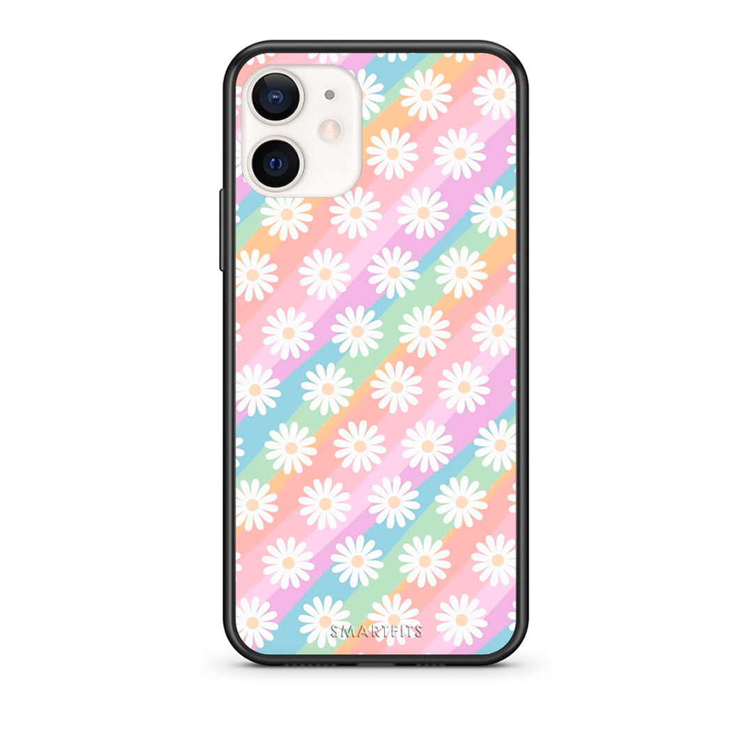 Θήκη iPhone 12 Mini White Daisies από τη Smartfits με σχέδιο στο πίσω μέρος και μαύρο περίβλημα | iPhone 12 Mini White Daisies case with colorful back and black bezels