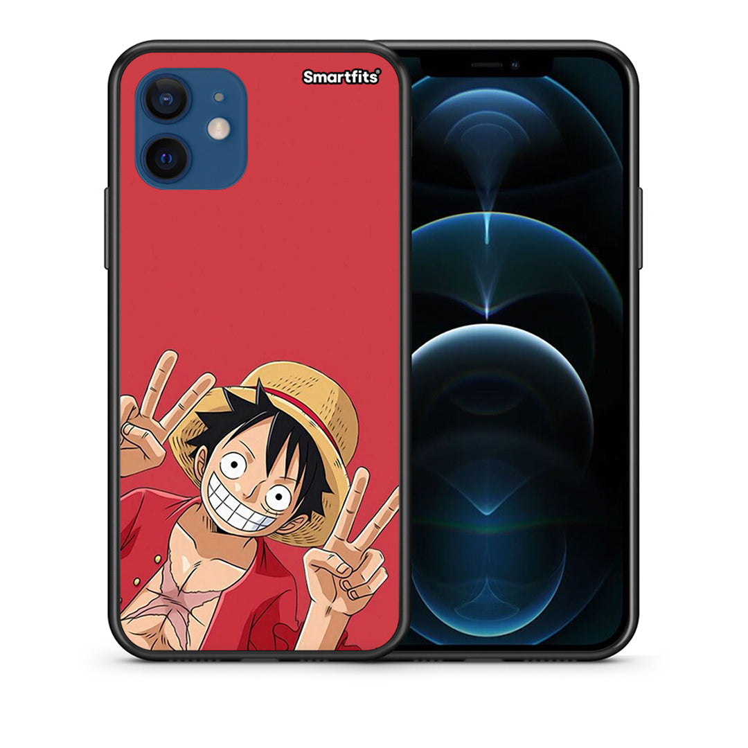Θήκη iPhone 12 Pirate Luffy από τη Smartfits με σχέδιο στο πίσω μέρος και μαύρο περίβλημα | iPhone 12 Pirate Luffy case with colorful back and black bezels