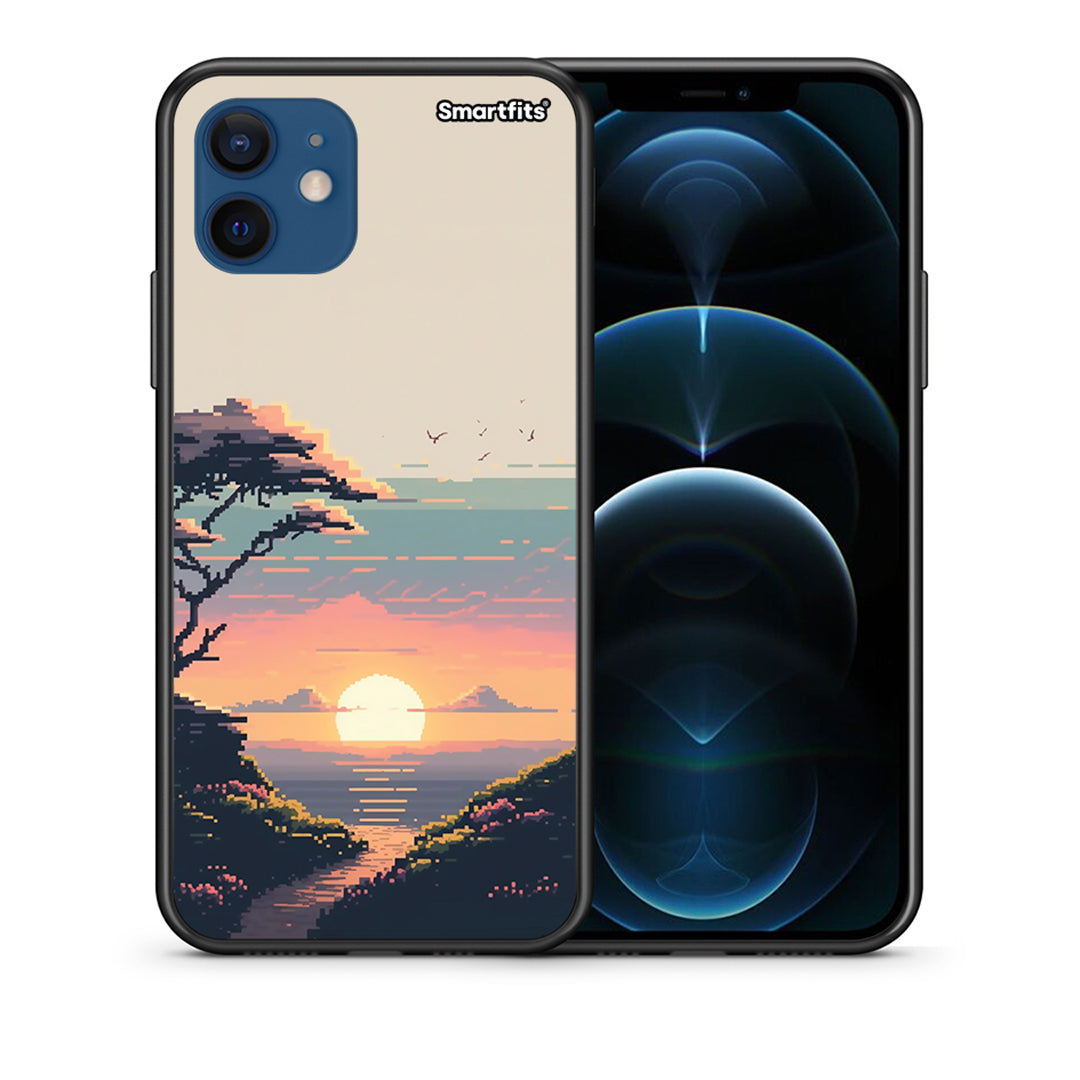 Θήκη iPhone 12 Pixel Sunset από τη Smartfits με σχέδιο στο πίσω μέρος και μαύρο περίβλημα | iPhone 12 Pixel Sunset case with colorful back and black bezels