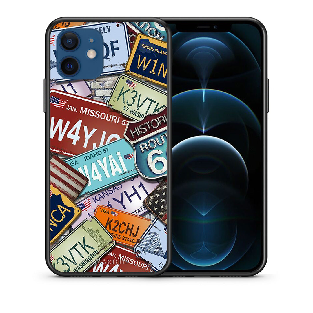 Θήκη iPhone 12 Car Plates από τη Smartfits με σχέδιο στο πίσω μέρος και μαύρο περίβλημα | iPhone 12 Car Plates case with colorful back and black bezels