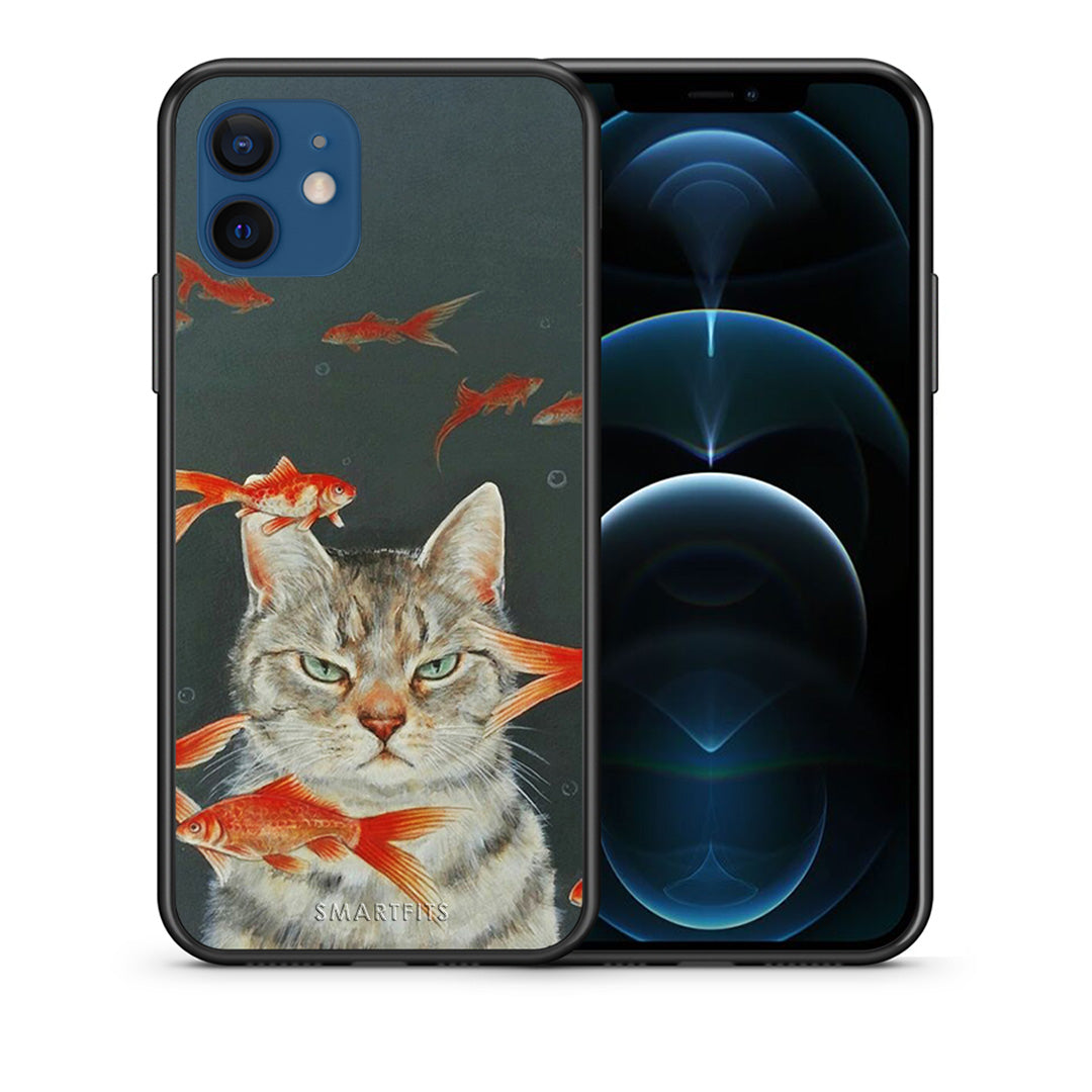 Θήκη iPhone 12 Cat Goldfish από τη Smartfits με σχέδιο στο πίσω μέρος και μαύρο περίβλημα | iPhone 12 Cat Goldfish case with colorful back and black bezels