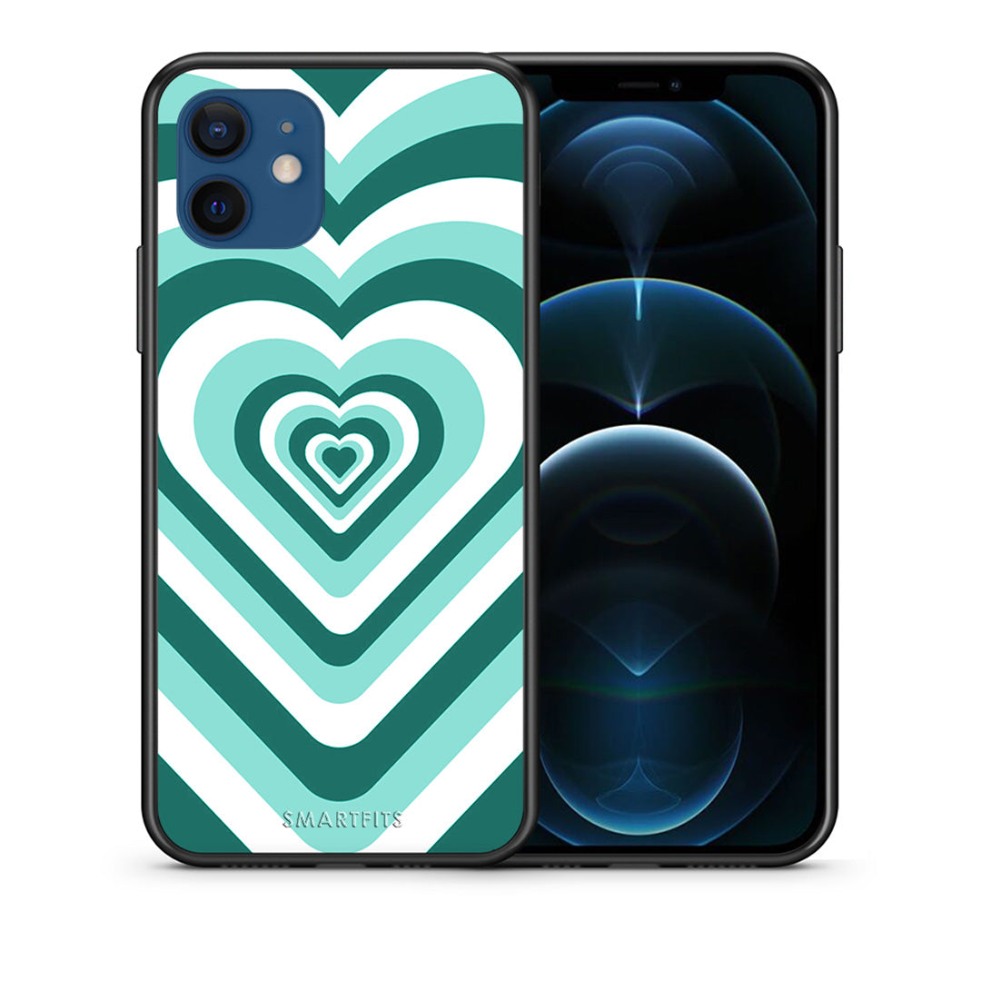 Θήκη iPhone 12 Green Hearts από τη Smartfits με σχέδιο στο πίσω μέρος και μαύρο περίβλημα | iPhone 12 Green Hearts case with colorful back and black bezels