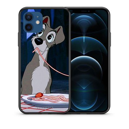 Θήκη Αγίου Βαλεντίνου iPhone 12 Lady And Tramp 1 από τη Smartfits με σχέδιο στο πίσω μέρος και μαύρο περίβλημα | iPhone 12 Lady And Tramp 1 case with colorful back and black bezels