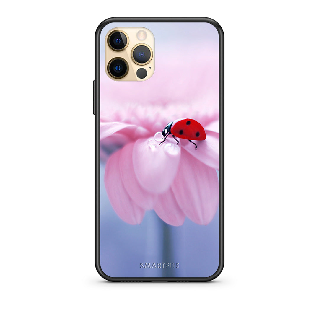 Θήκη iPhone 12 Ladybug Flower από τη Smartfits με σχέδιο στο πίσω μέρος και μαύρο περίβλημα | iPhone 12 Ladybug Flower case with colorful back and black bezels
