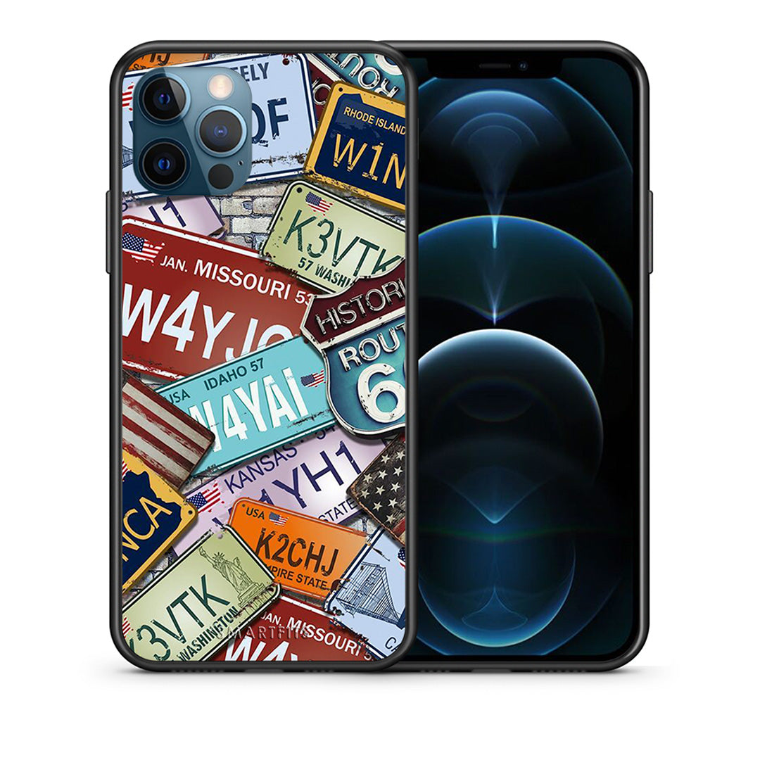 Θήκη iPhone 12 Pro Max Car Plates από τη Smartfits με σχέδιο στο πίσω μέρος και μαύρο περίβλημα | iPhone 12 Pro Max Car Plates case with colorful back and black bezels