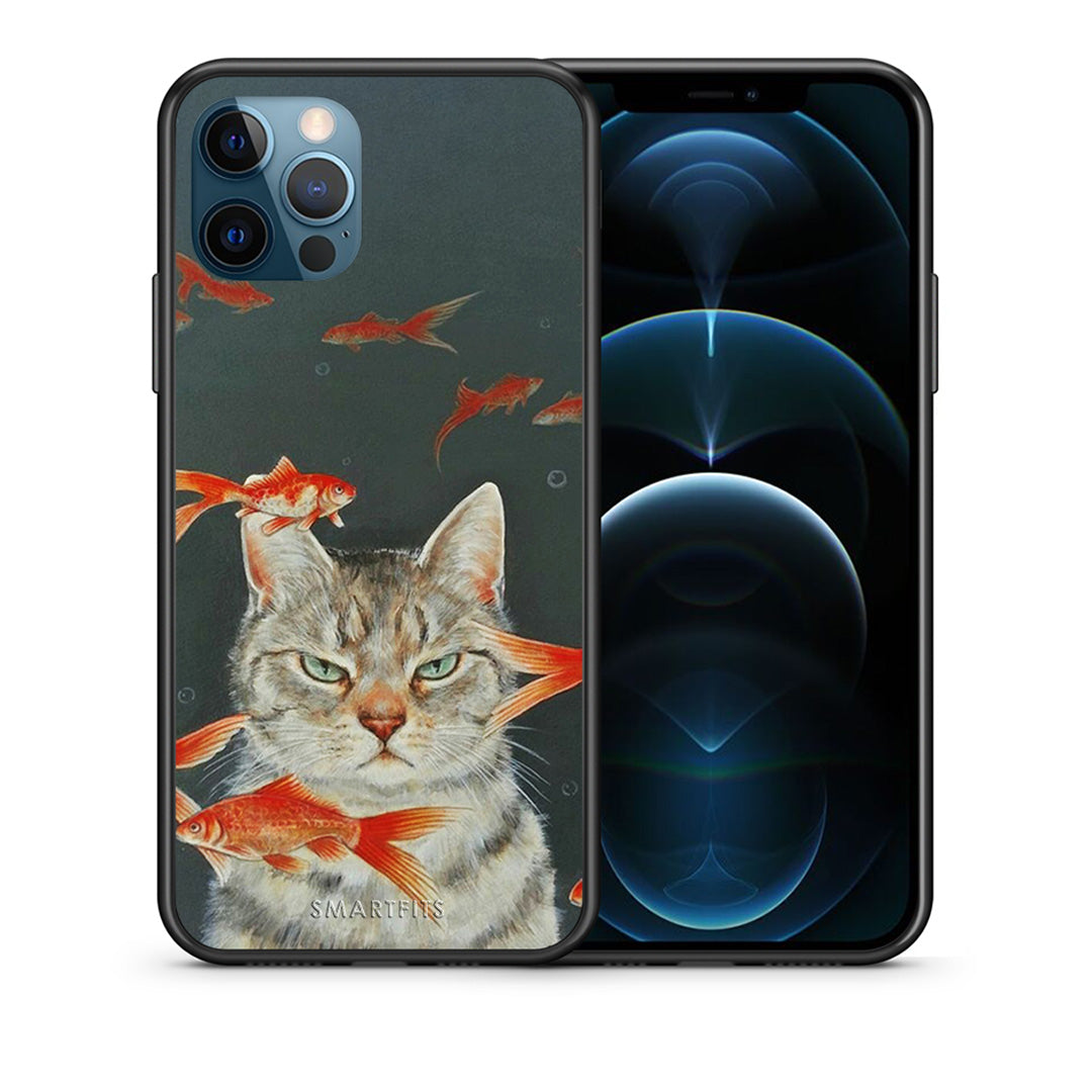 Θήκη iPhone 12 Pro Max Cat Goldfish από τη Smartfits με σχέδιο στο πίσω μέρος και μαύρο περίβλημα | iPhone 12 Pro Max Cat Goldfish case with colorful back and black bezels