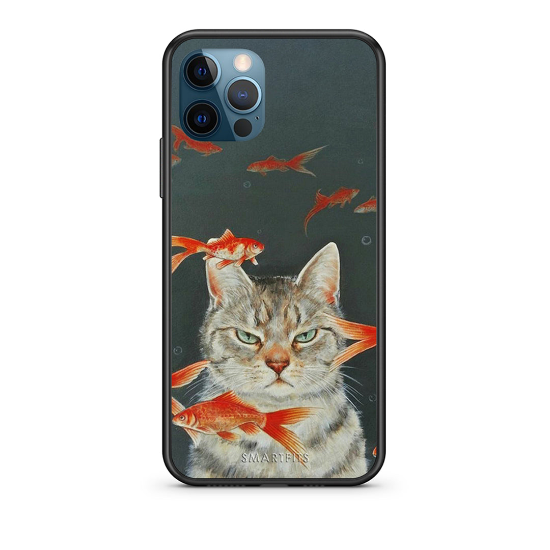 iPhone 12 Pro Max Cat Goldfish θήκη από τη Smartfits με σχέδιο στο πίσω μέρος και μαύρο περίβλημα | Smartphone case with colorful back and black bezels by Smartfits