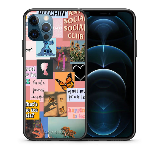 Θήκη Αγίου Βαλεντίνου iPhone 12 Pro Max Collage Bitchin από τη Smartfits με σχέδιο στο πίσω μέρος και μαύρο περίβλημα | iPhone 12 Pro Max Collage Bitchin case with colorful back and black bezels