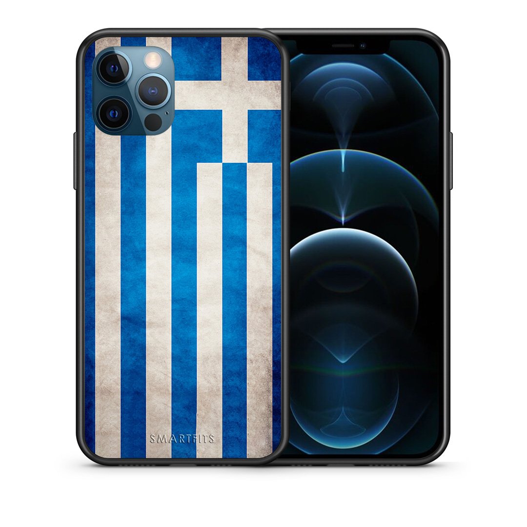 Θήκη iPhone 12 Pro Max Greek Flag από τη Smartfits με σχέδιο στο πίσω μέρος και μαύρο περίβλημα | iPhone 12 Pro Max Greek Flag case with colorful back and black bezels