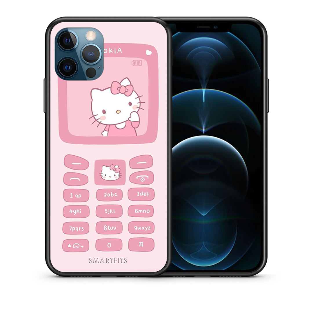 Θήκη Αγίου Βαλεντίνου iPhone 12 Pro Max Hello Kitten από τη Smartfits με σχέδιο στο πίσω μέρος και μαύρο περίβλημα | iPhone 12 Pro Max Hello Kitten case with colorful back and black bezels